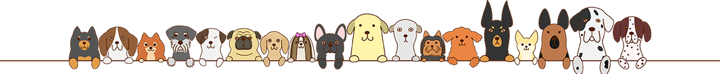 A row of cute cartoon dogs of various breeds and colors sitting in a line, each with distinct expressions and styles, on a transparent background.