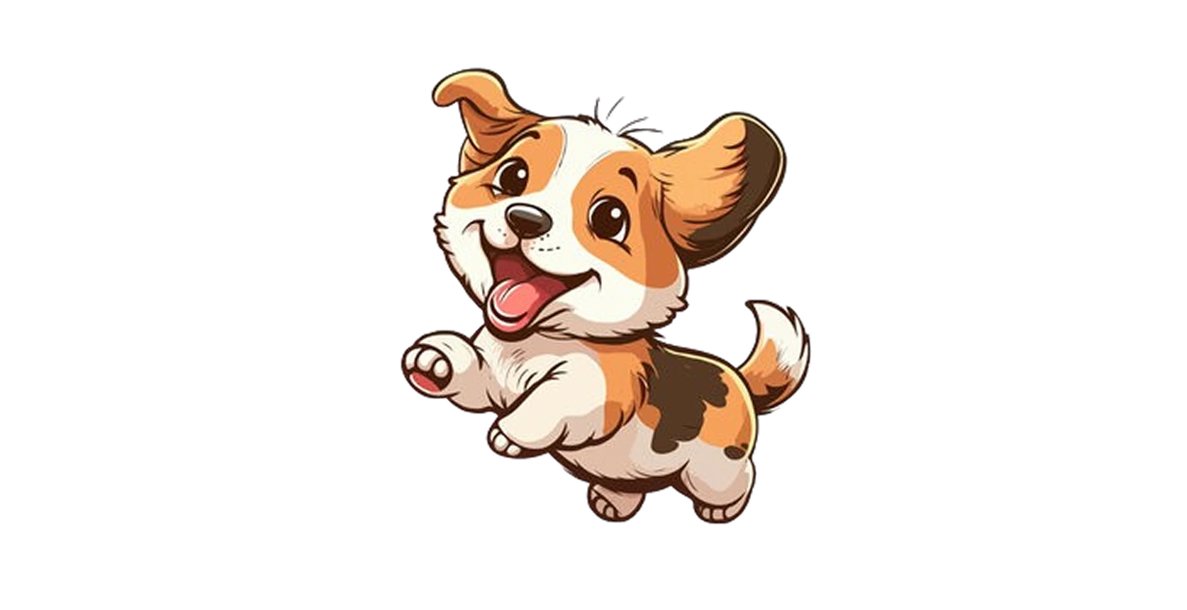 Adorable cartoon puppy with floppy ears, big eyes, and a joyful smile, shown mid-jump with a wagging tail.