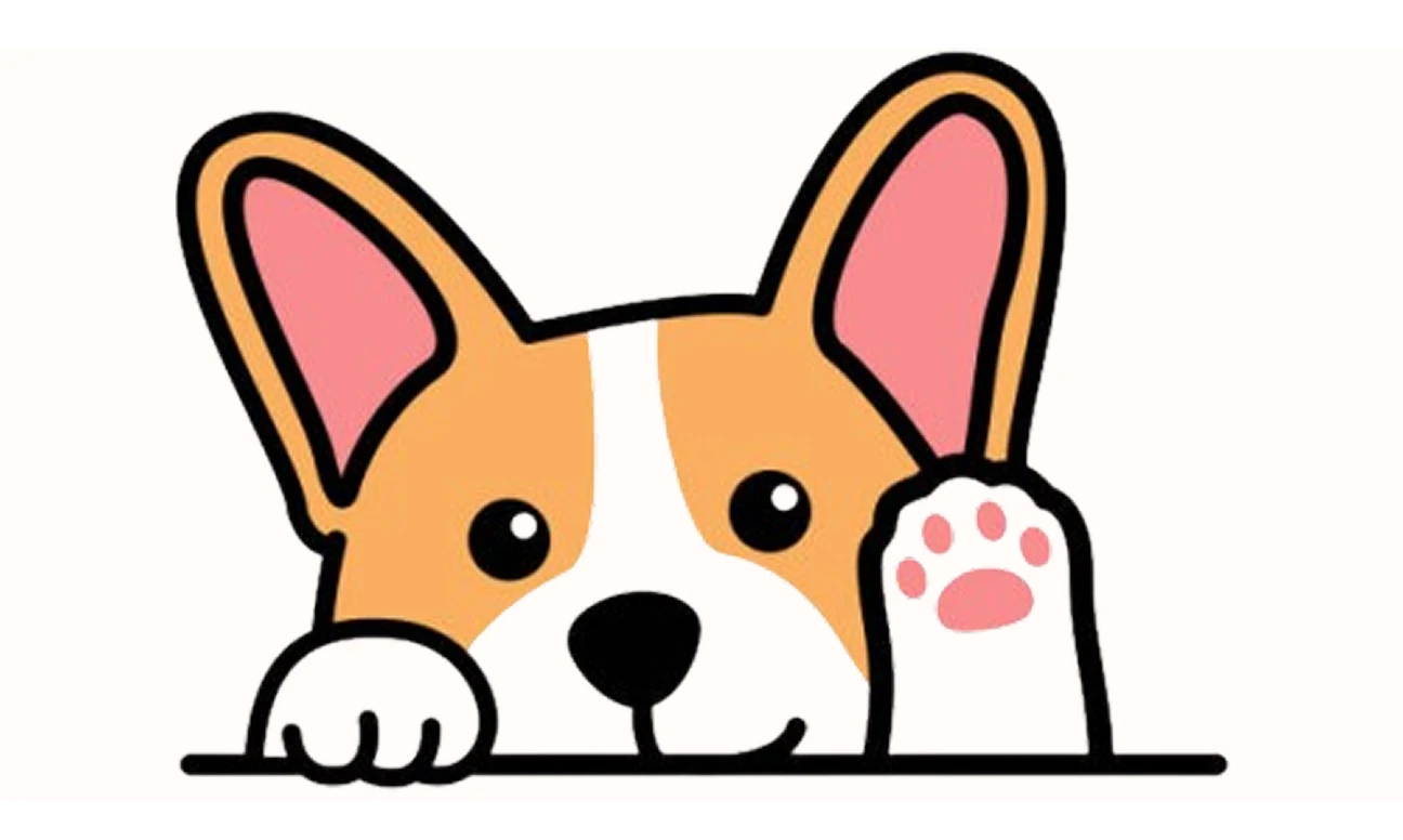 Playful cartoon dog with its paw on the wall, showcasing a curious expression.